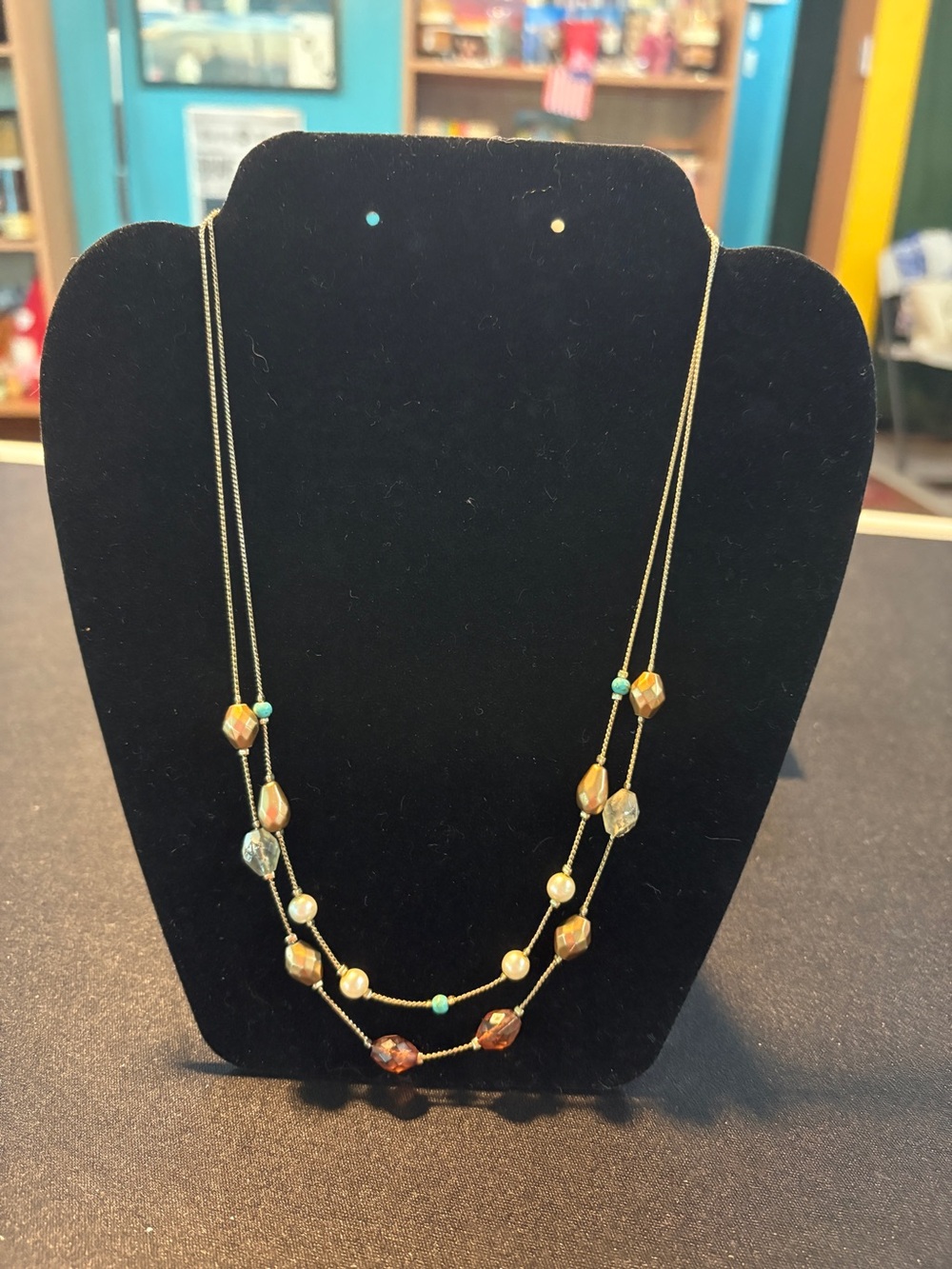 Gold-Tone Multi-Bead Layered Necklace with Turquoise Accents